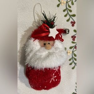 Vintage Christmas Santa Ornament w/ Snowflakes & Jingle Bell- plush & super soft